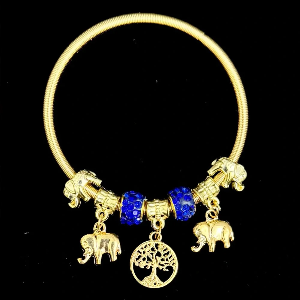 Gold Charm Bangle Bracelet Elephant Tree of Life Blue Rhinestone Beads - Picture 3 of 6